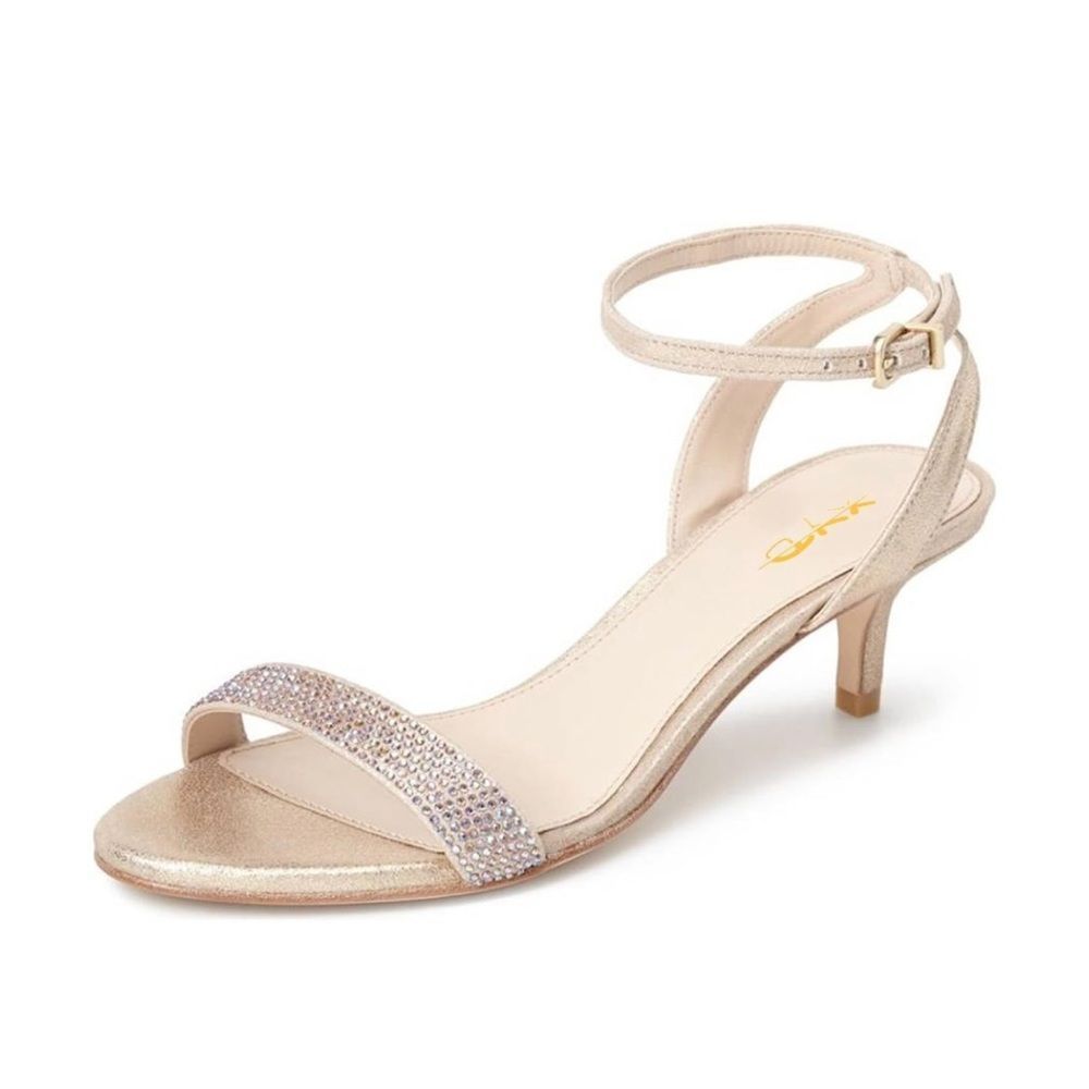 XYD Women Open Toe Ankle Strap Slingback Sandals Kitten Heel Rhinestones Studded